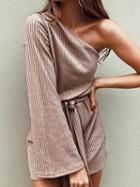 Choies Pink One Shoulder Flared Sleeve Tie Waist Ribbed Mini Dress