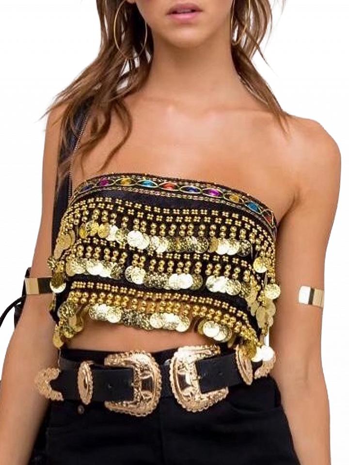 Choies Gold Bandeau Beaded Metal Circle Tie Back Crop Top