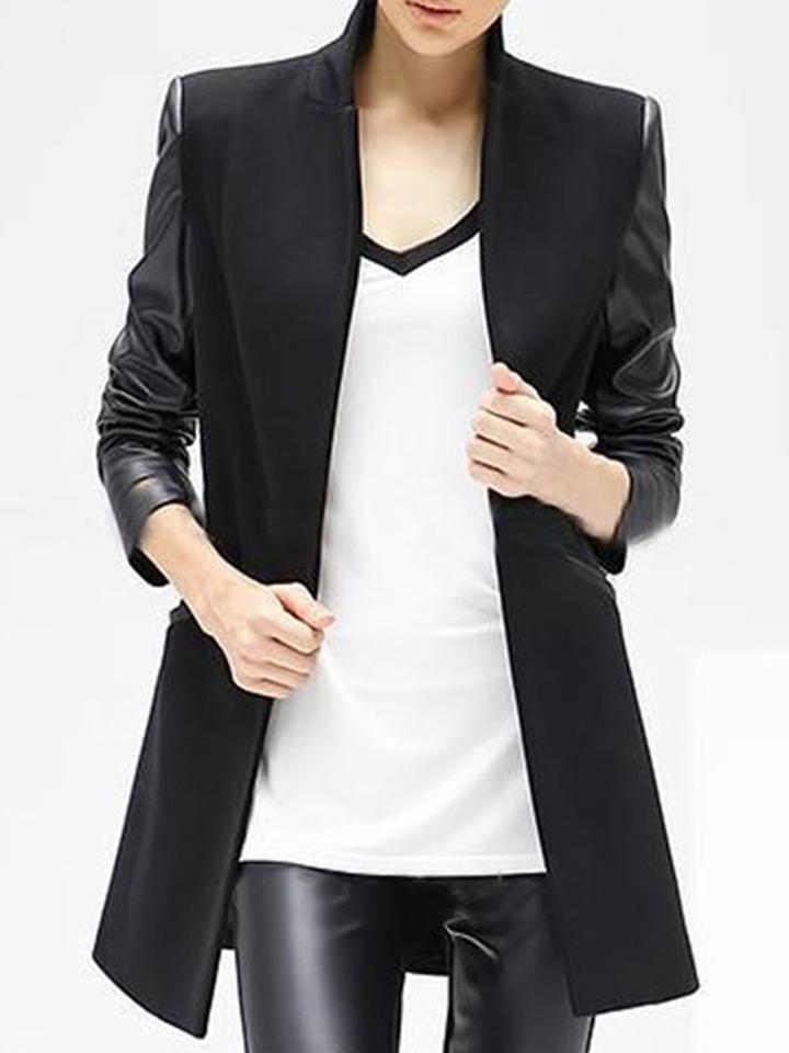Choies Black Stand Collar Pu Panel Long Sleeve Slim Coat