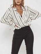 Choies White Stripe Cotton Blend V-neck Long Sleeve Chic Women Blouse