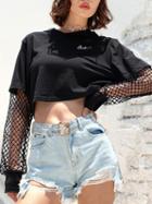 Choies Black Cotton Letter Print Fishnet Panel Chic Women Crop Hoodie