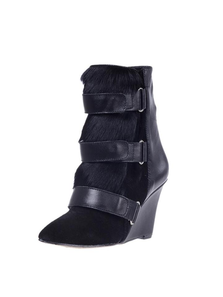 Choies Black Suede And Leather And Calf Hair Wedge Boots