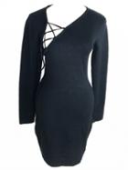 Choies Black Lace Up Front Long Sleeve Knitted Mini Dress