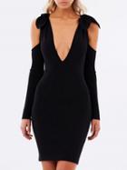 Choies Black Plunge Bow Detail Cold Shoulder Tie Back Bodycon Dress