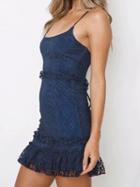 Choies Dark Blue Lace Up Back Ruffle Trim Chic Women Lace Cami Mini Dress