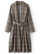 Choies Gray Plaid Lapel Buckle Waist Wool Longline Coat