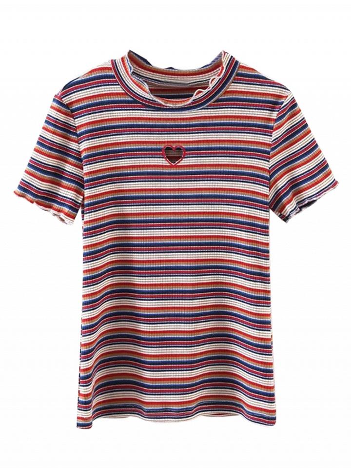 Choies Multicolor Stripe Cut Out Heart Short Sleeve Ribbed T-shirt