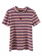 Choies Multicolor Stripe Cut Out Heart Short Sleeve Ribbed T-shirt