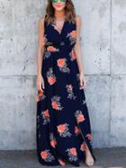 Choies Dark Blue V-neck Floral Print Maxi Dress