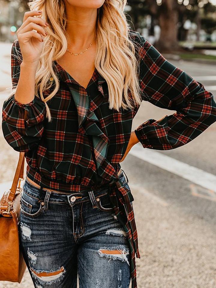 Choies Black Plaid V-neck Ruffle Trim Long Sleeve Chic Women Crop Blouse