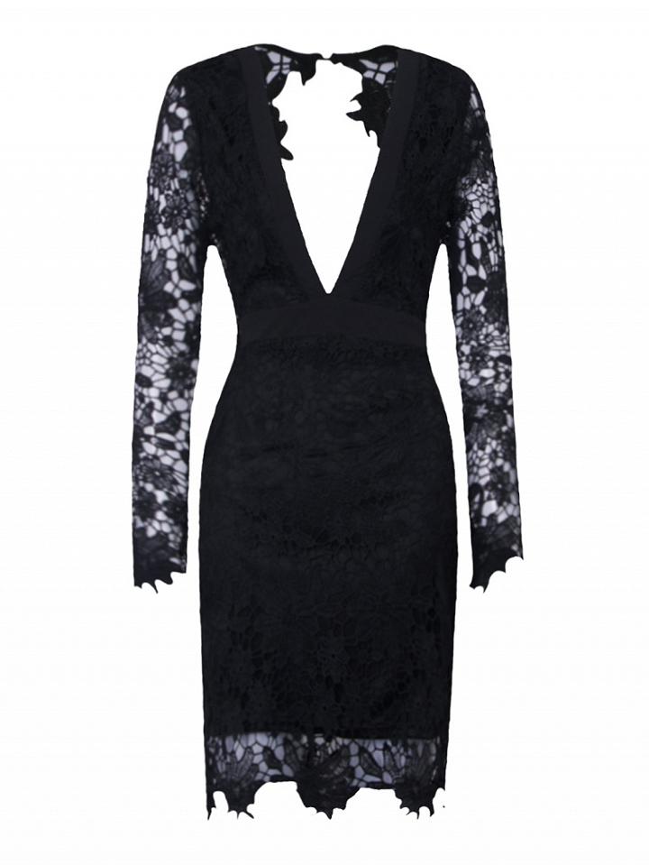Choies Black V-neck Sheer Lace Sleeve Backless Bodycon Mini Dress