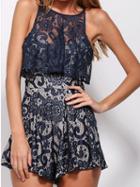 Choies Royal Blue Ruffle Trim Sleeveless Lace Romper Playsuit