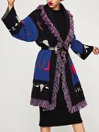 Choies Blue Fringe Trim Open Front Chunky Knit Coat