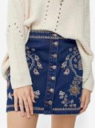 Choies Dark Blue Embroidery Detail Button Front Denim Mini Skirt