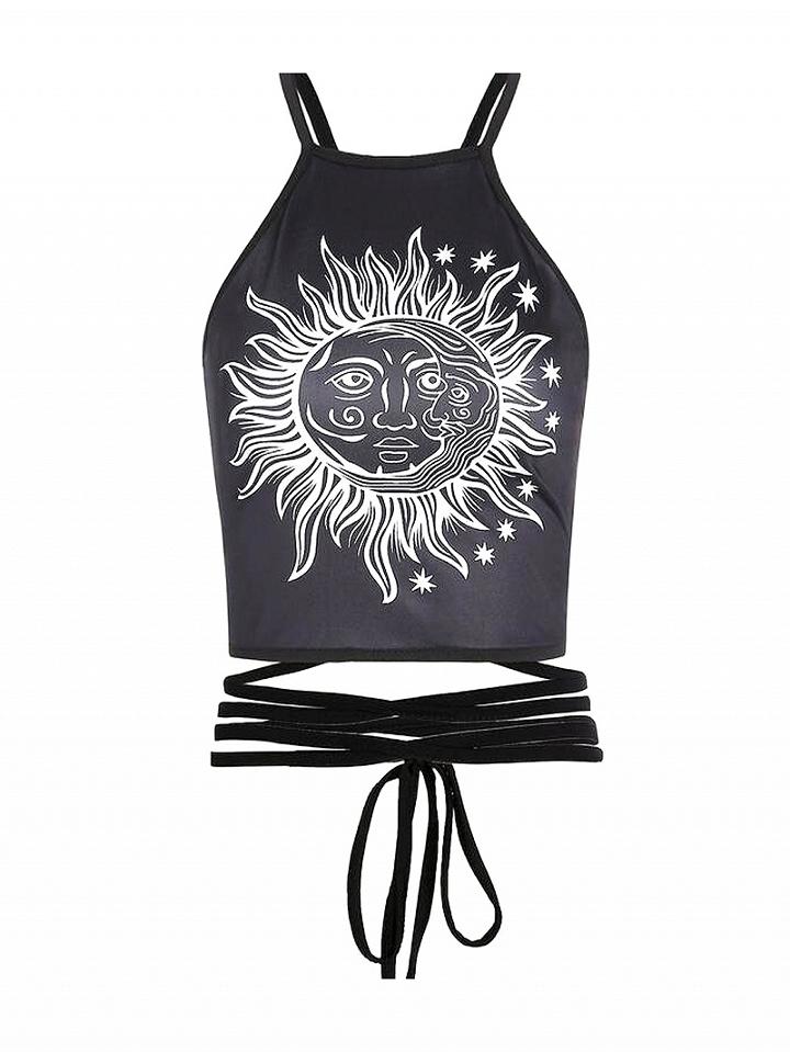 Choies Black Sun Print Lace Up Back Tie Strap Cami Top