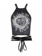Choies Black Sun Print Lace Up Back Tie Strap Cami Top