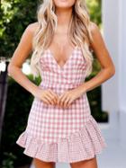 Choies Pink Plaid Cotton Plunge Open Back Chic Women Cami Mini Dress