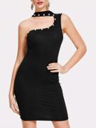 Choies Black One Shoulder Beaded Detail Bodycon Mini Dress