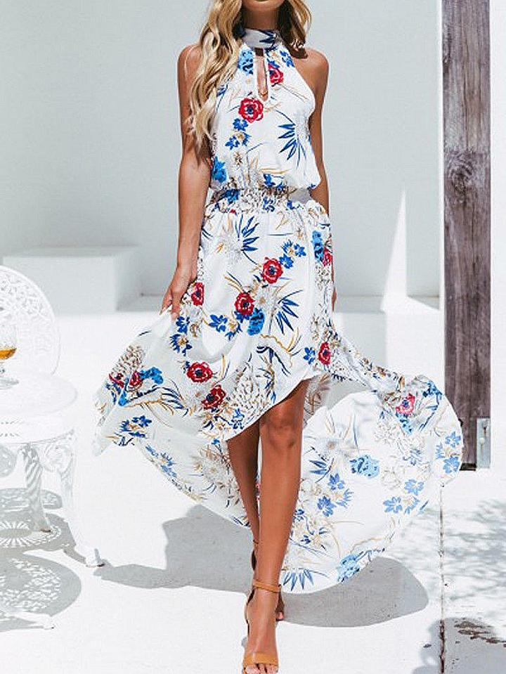 Choies White High Neck Floral Print Thigh Split Front Hi-lo Maxi Dress