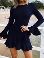Choies Dark Blue Crew Neck Ruffle Trim Flare Sleeve Chic Women Mini Dress