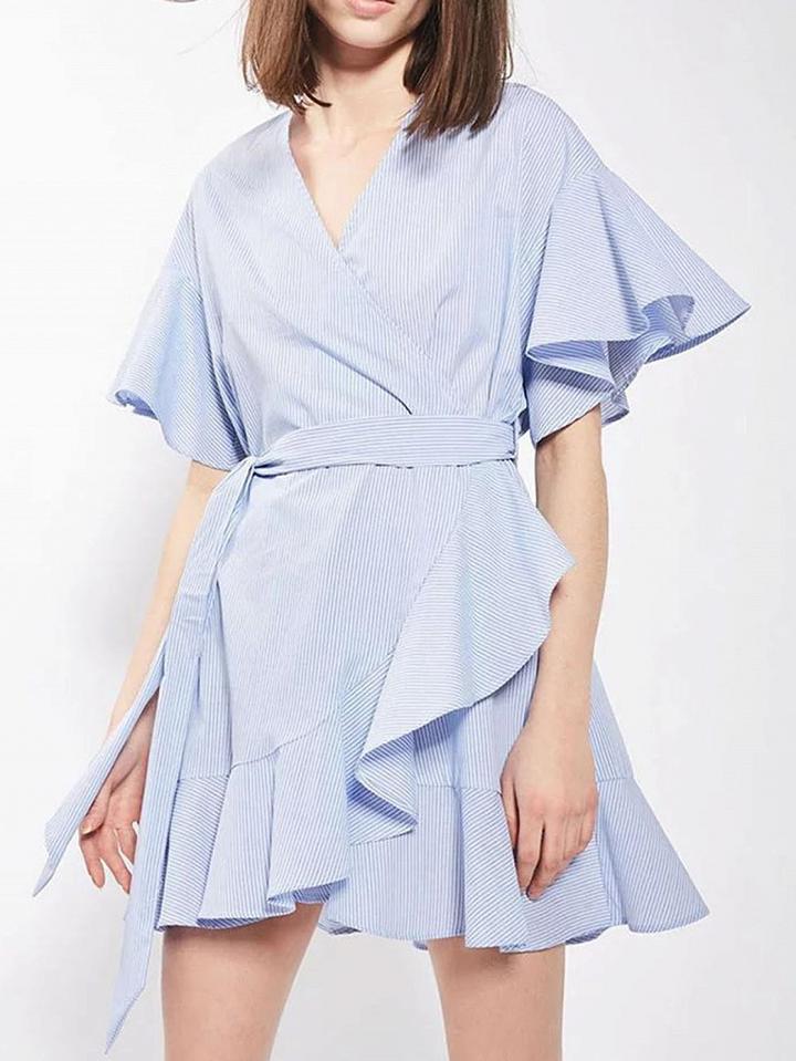 Choies Blue Stripe Wrap Front V-neck Tie Waist Ruffle Hem Dress
