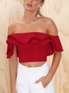 Choies Red Off Shoulder Ruffle Trim Crop Top