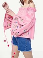 Choies Pink Off Shoulder Folk Embroidery Bell Sleeve Top