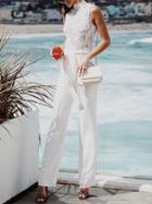 Choies White Lace Panel Tie Waist Sleeveless Women Jumpsuit