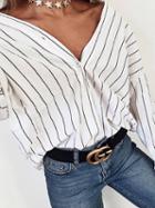 Choies White Stripe V-neck Long Sleeve Chic Women Shirt