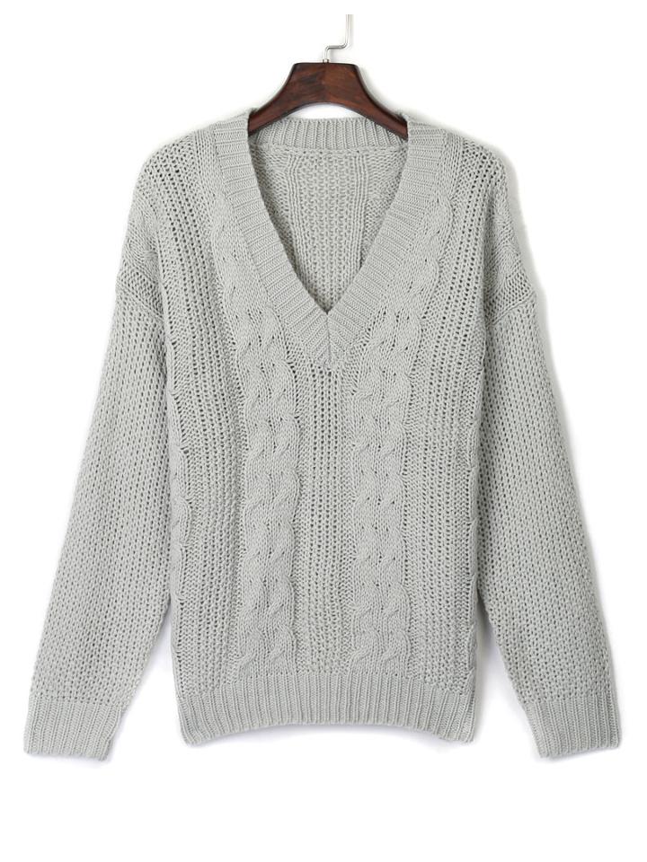 Choies Gray V Neck Cable Detail Long Sleeve Jumper