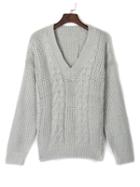 Choies Gray V Neck Cable Detail Long Sleeve Jumper