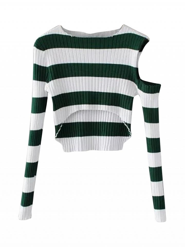 Choies Green Stripe Cold Shoulder Dip Hem Rib Knit Crop Top