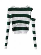 Choies Green Stripe Cold Shoulder Dip Hem Rib Knit Crop Top