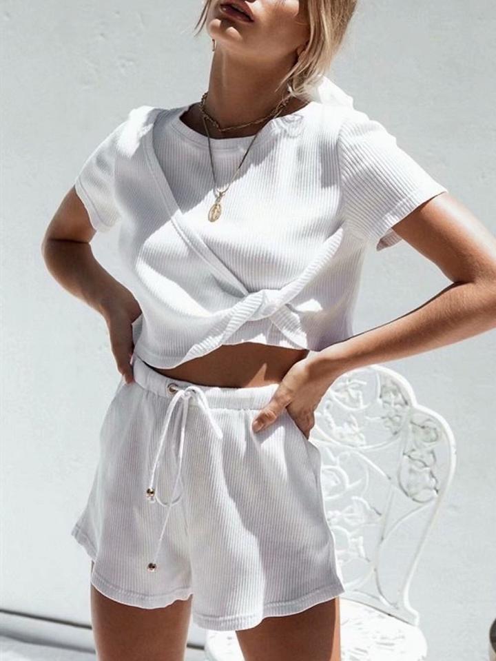 Choies White Ribbed Crew Neck Chic Women Crop Top And High Waist Shorts