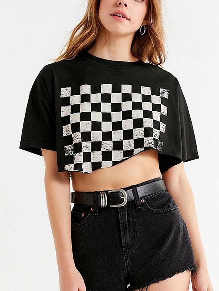 Choies Black Crew Neck Checker Print Crop Top