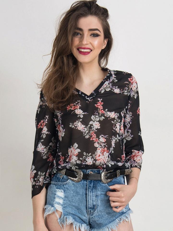 Choies Multicolor V-neck Floral Roll-up Sleeve Sheer Chiffon Blouse
