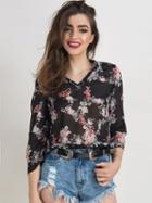 Choies Multicolor V-neck Floral Roll-up Sleeve Sheer Chiffon Blouse