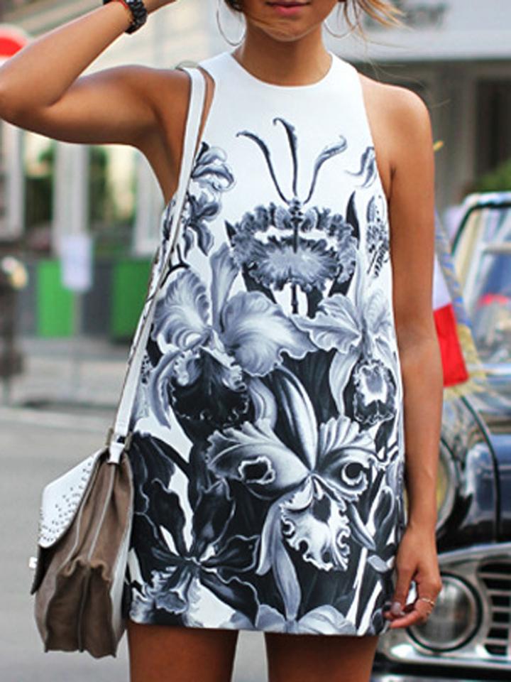 Choies White Floral Ink Painting Cut Away Mini Shift Dress