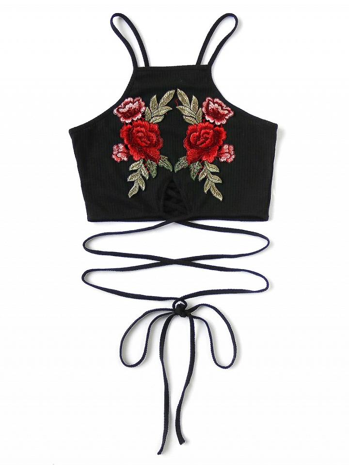 Choies Black Embroidery Floral Lace Up Front Crop Cami Top
