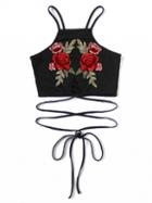 Choies Black Embroidery Floral Lace Up Front Crop Cami Top