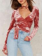 Choies Pink V Neck Wrap Tie Waist Crushed Velvet Long Sleeve Top
