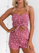 Choies Peach Floral Print Tie Front Open Belly Cami Romper Playsuit