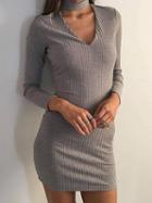 Choies Gray Choker V-neck Long Sleeve Ribbed Bodycon Mini Dress