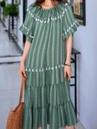 Choies Green Off Shoulder Folk Print Tie Waist Vintage Women Midi Dress