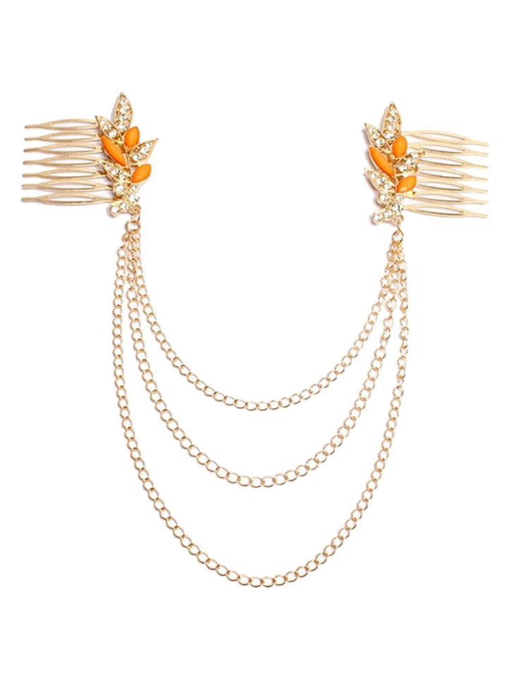 Choies Golden Crystal Stone Leaves Draped Chain Hair Comb
