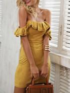 Choies Yellow Faux Suede Off Shoulder Frill Trim Mini Dress