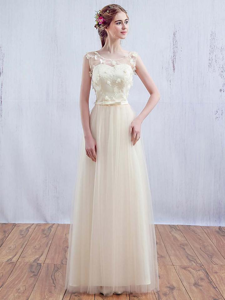 Choies Beige Sheer 3d Floral Lace Up Back Embroidery Detail Prom Dress