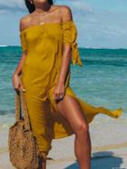 Choies Yellow Off Shoulder Irregular Thigh Split Chic Women Midi Dress