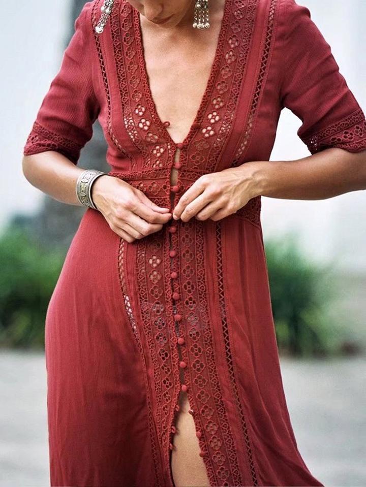Choies Burgundy Button Placket Front Cut Out Detail Longline Cardigan