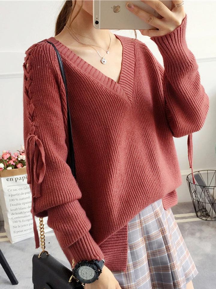 Choies Brownish Red V-neck Lace Up Sleeve Knit Sweater